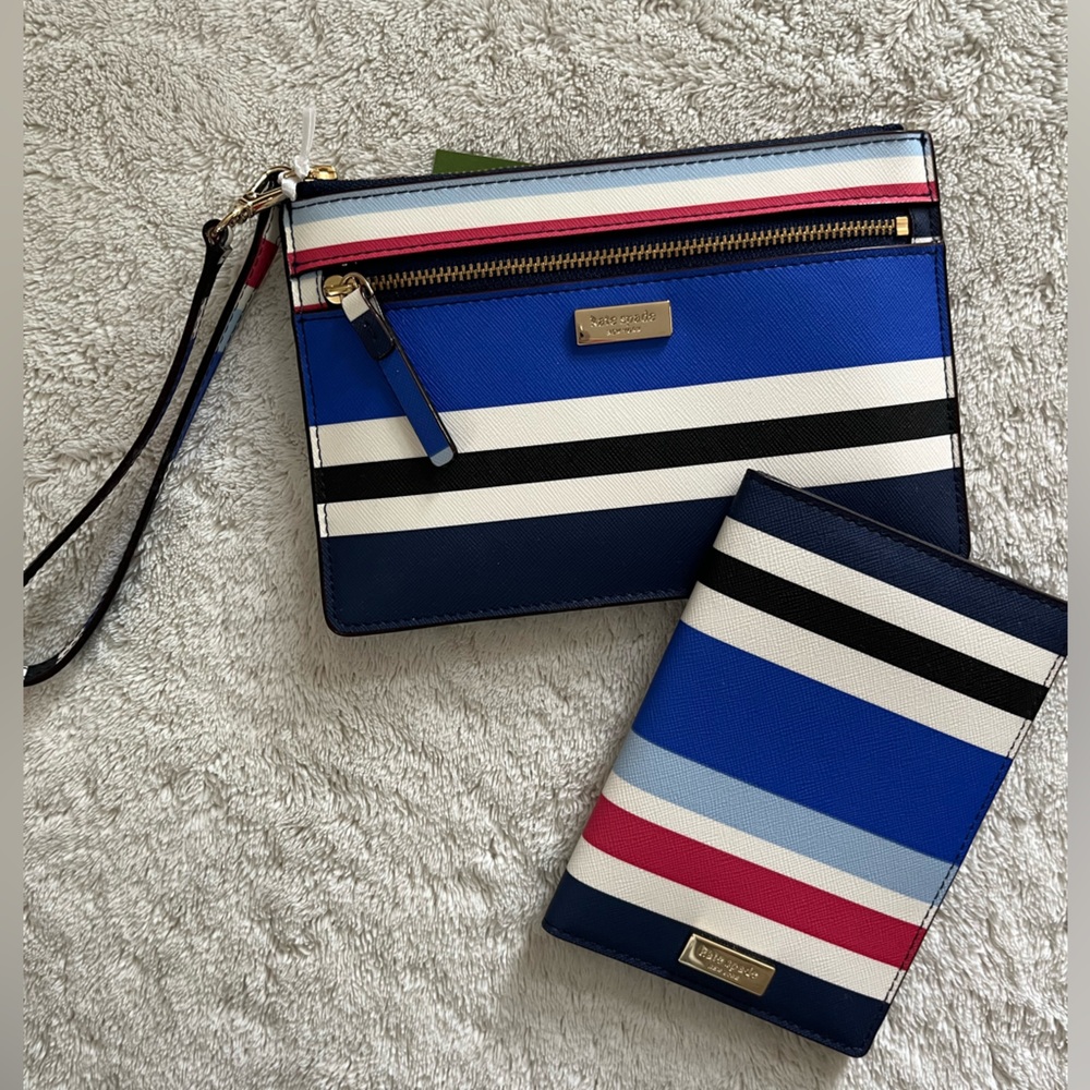 Kate Spade Blue & White Striped Wristlet & Matching Passport Wallet Set